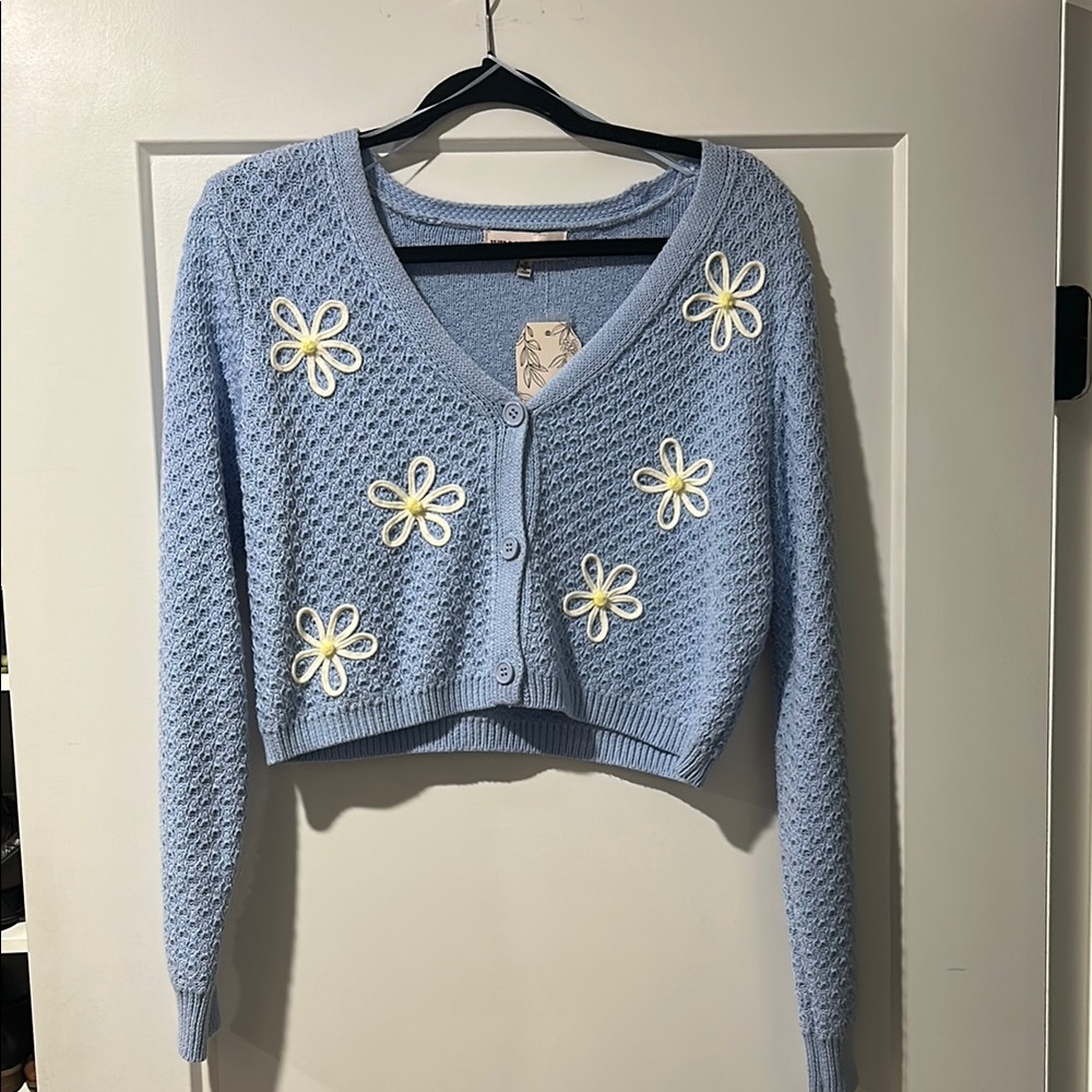 Blue Quilted Cardigan Sweater